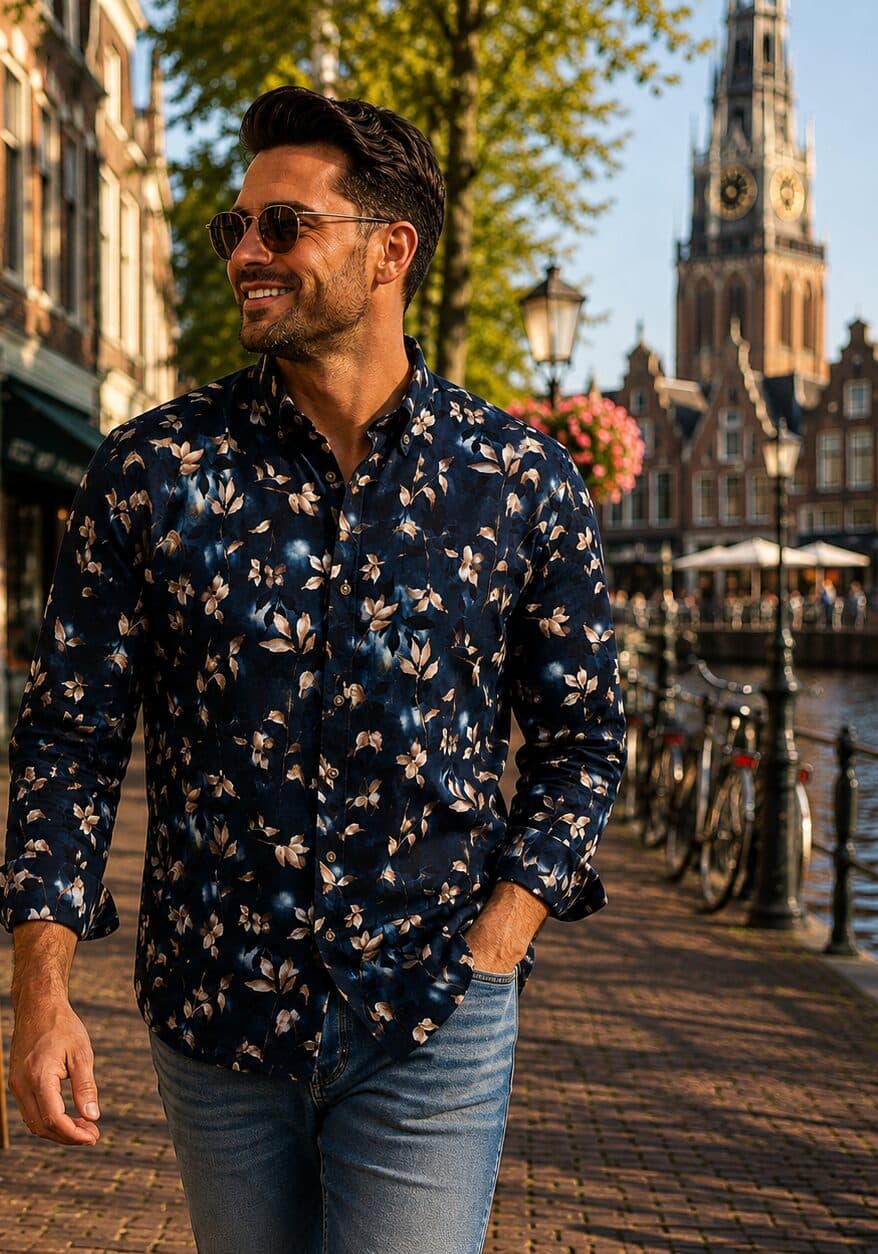 Man in een donkerblauw Eden Valley overhemd met bladprint aan de gracht